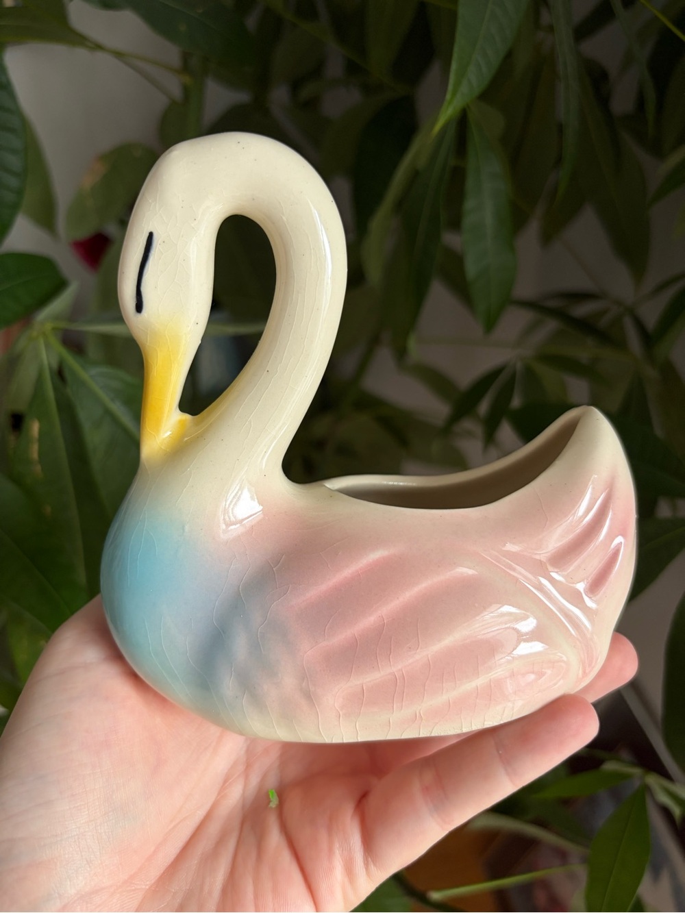 Vintage Ceramic Swan Planter in Pastel Pink and Blue